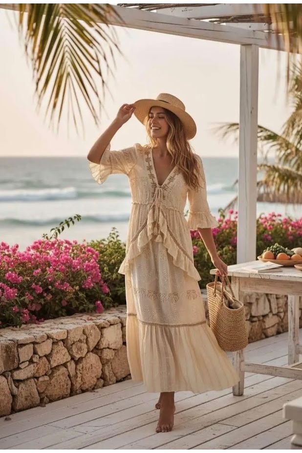 Romantische boho maxi jurk in zachte crème