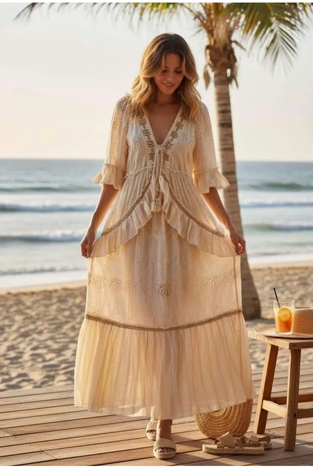 Romantische boho maxi jurk in zachte crème