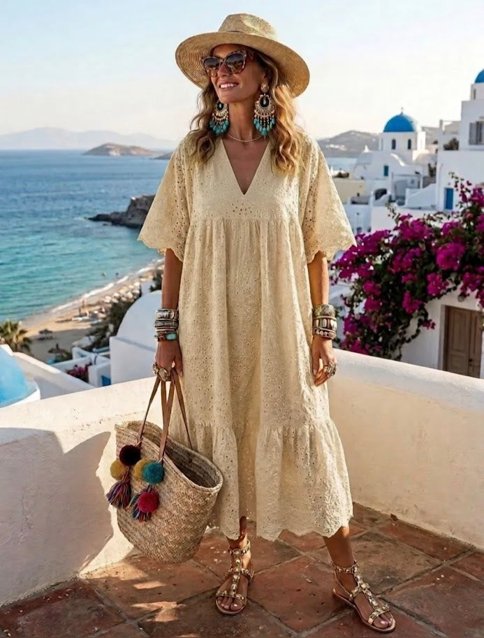 Broderie Maxi Jurk Beige