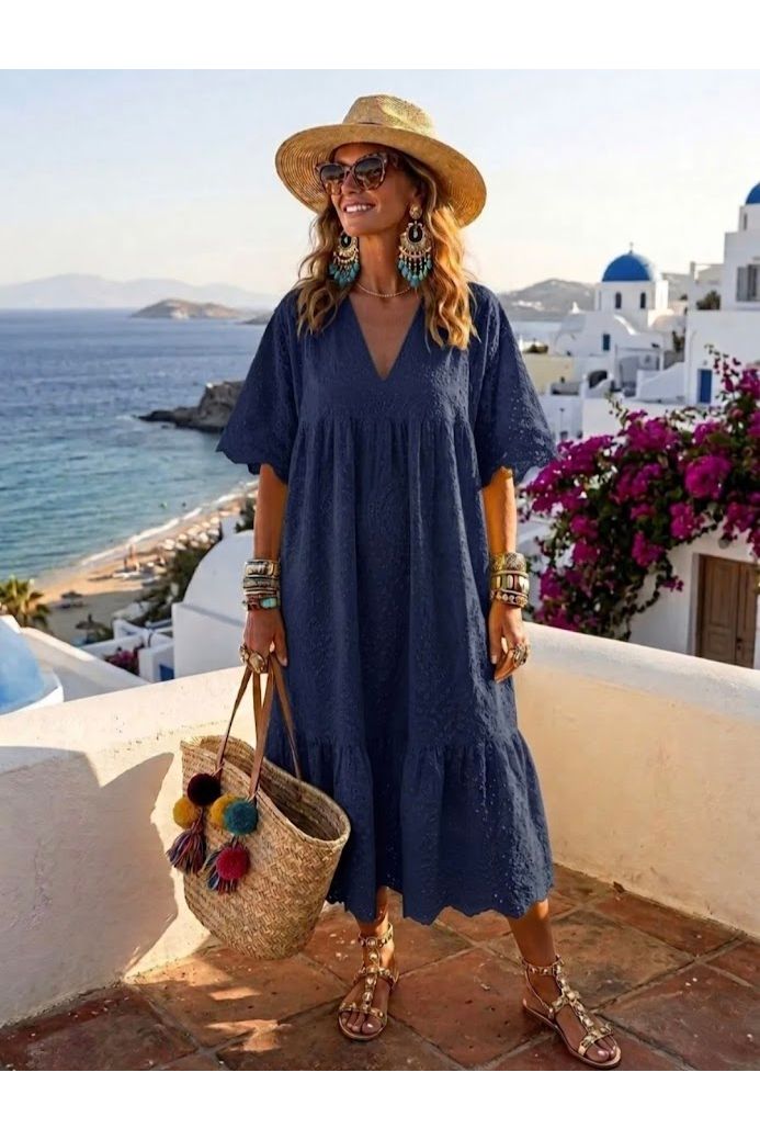 Broderie Maxi Jurk Marine Blauw