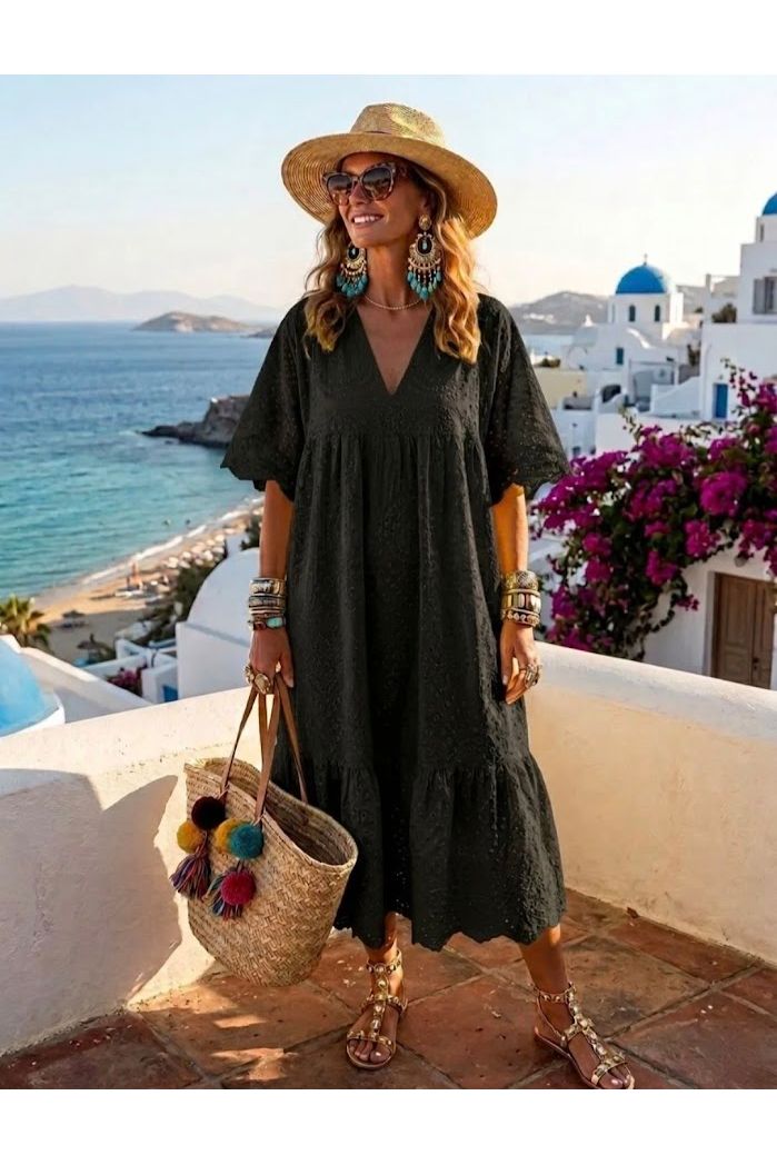 Broderie Maxi Jurk Zwart