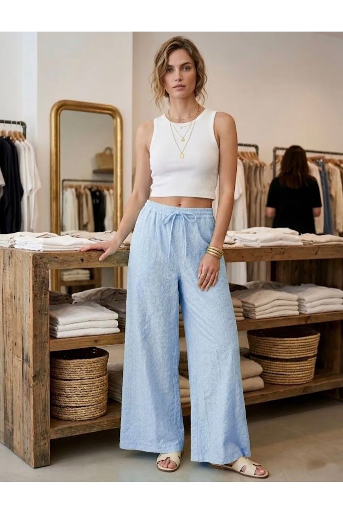 Broderie Anglaise Wide Leg Broek Licht Blauw