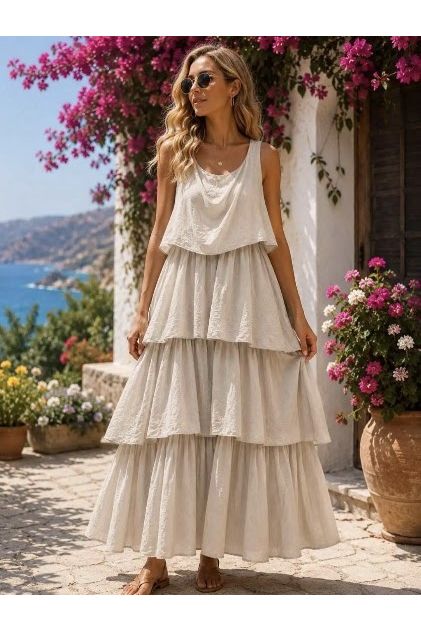 Soleil Tiered Maxi Dress Beige