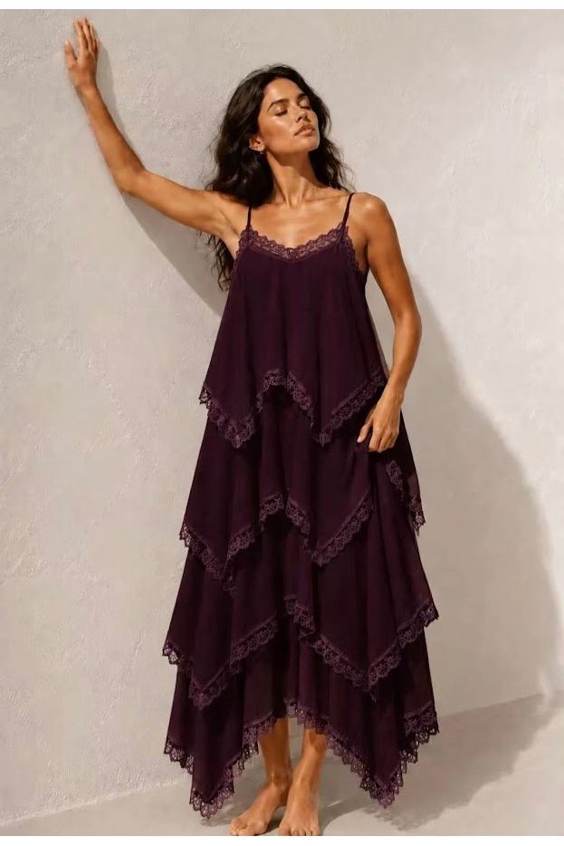Boho Lace Layers Dress Burgundy