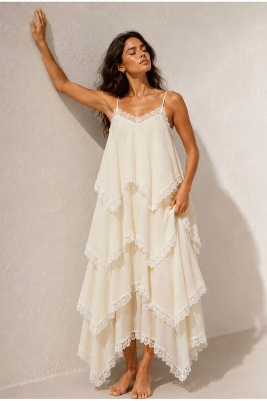 Boho Lace Layers Dress Beige