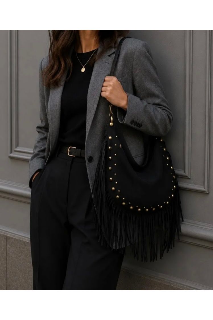 Boho Studs & Fringe Bag Zwart