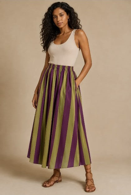 Stripe Midi Rok met Zakken Groen