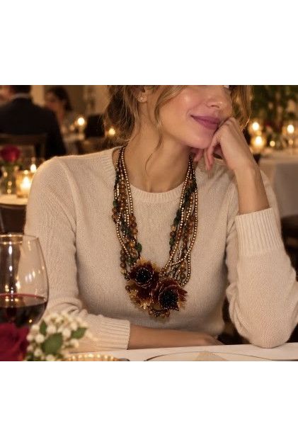 Boho Layered Halsketting met Bloemdetails Chocolade