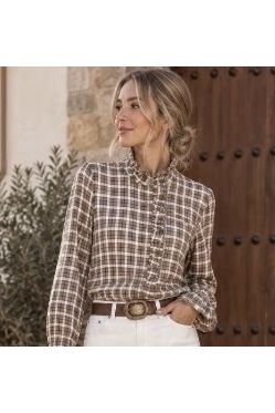 Geruite flanelbloes met ruches bruin