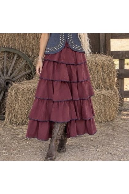 Boho Layered Maxi Rok met Volants Granaat