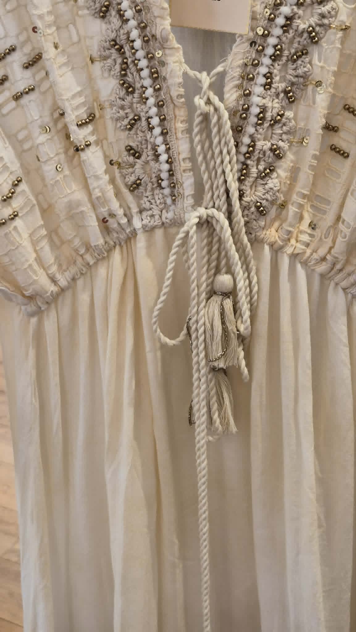 Boho Maxi Jurk Parels & Broderie – Crème
