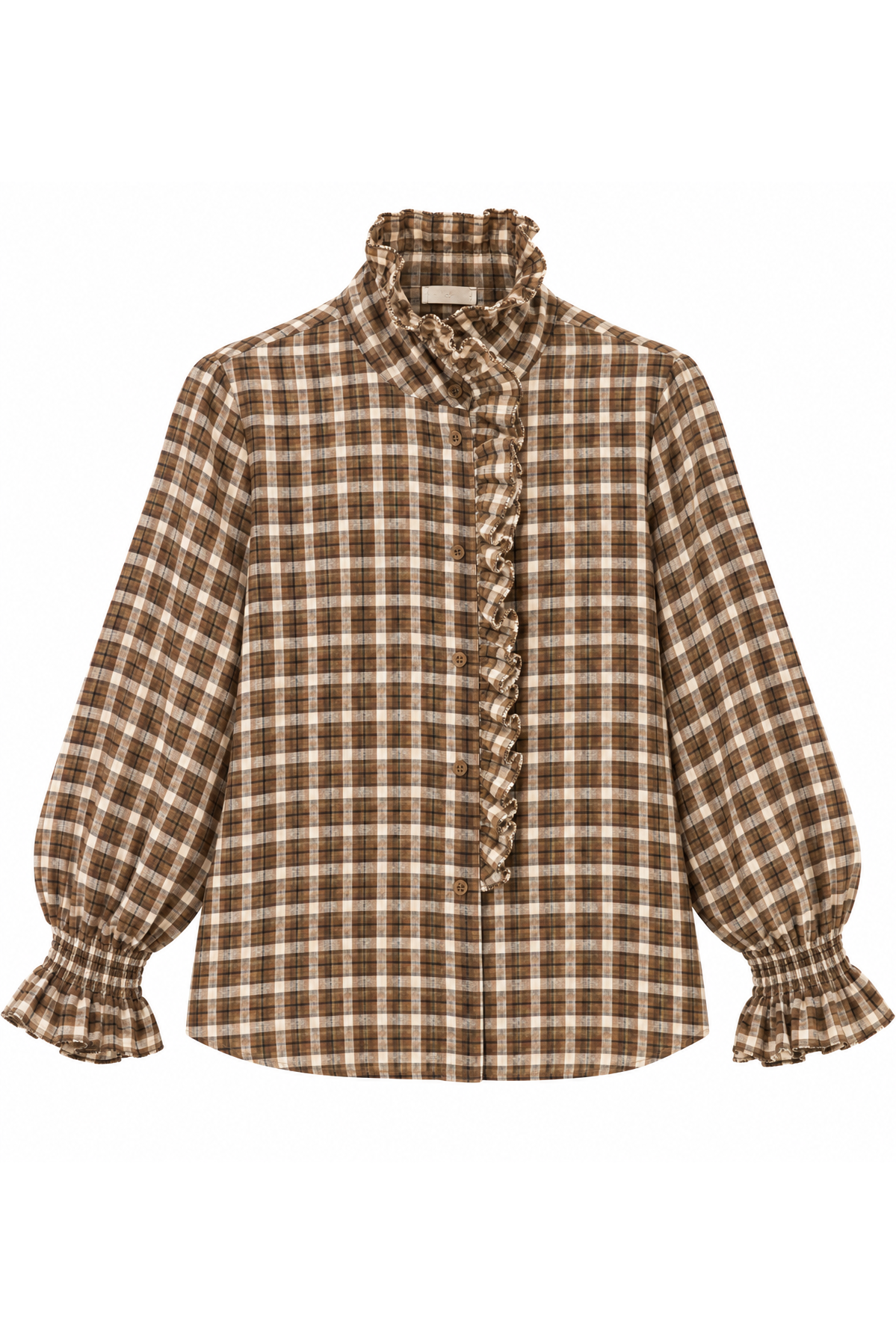Geruite flanelbloes met ruches bruin