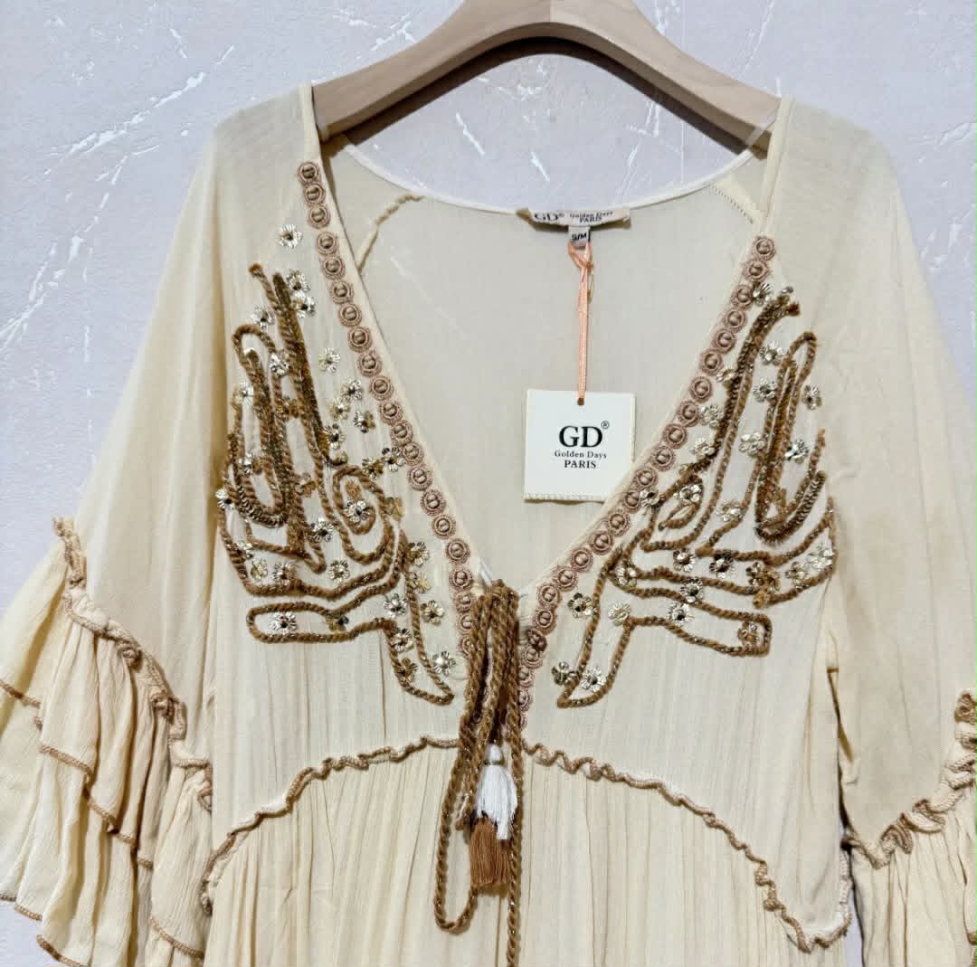 Bohemian Maxi Jurk Ibiza Crème met Borduursels & Ruffles