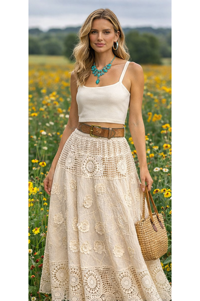 Midi rok van kant ecru met bloemen