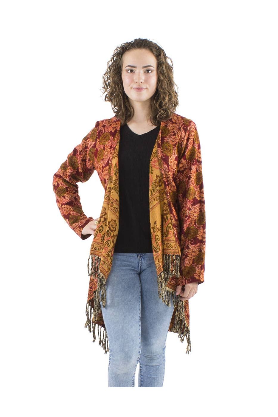 Jacquard Boho Gilet met Franjes Bordeaux