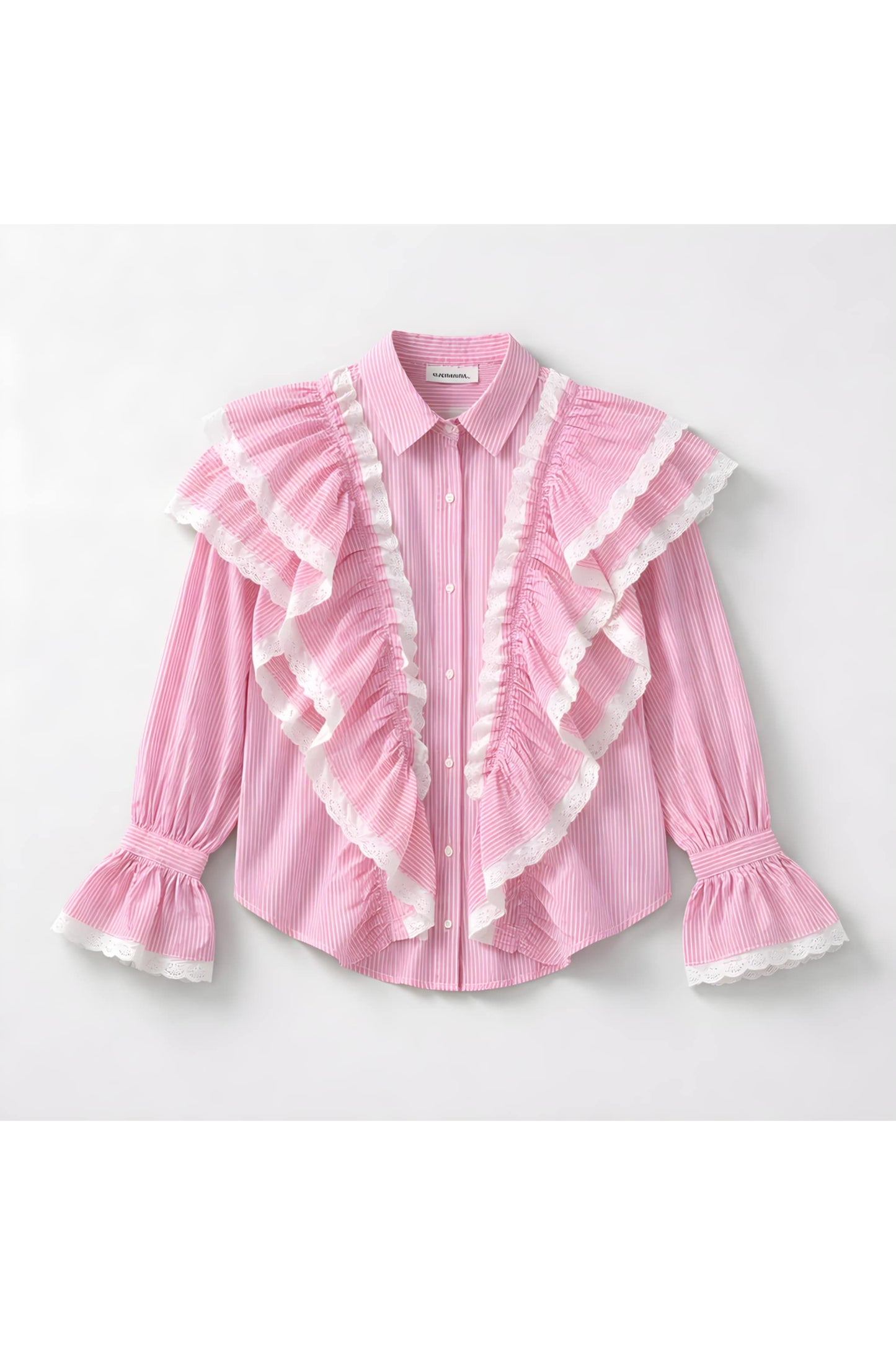 Striped ruffle blouse with broderie roze