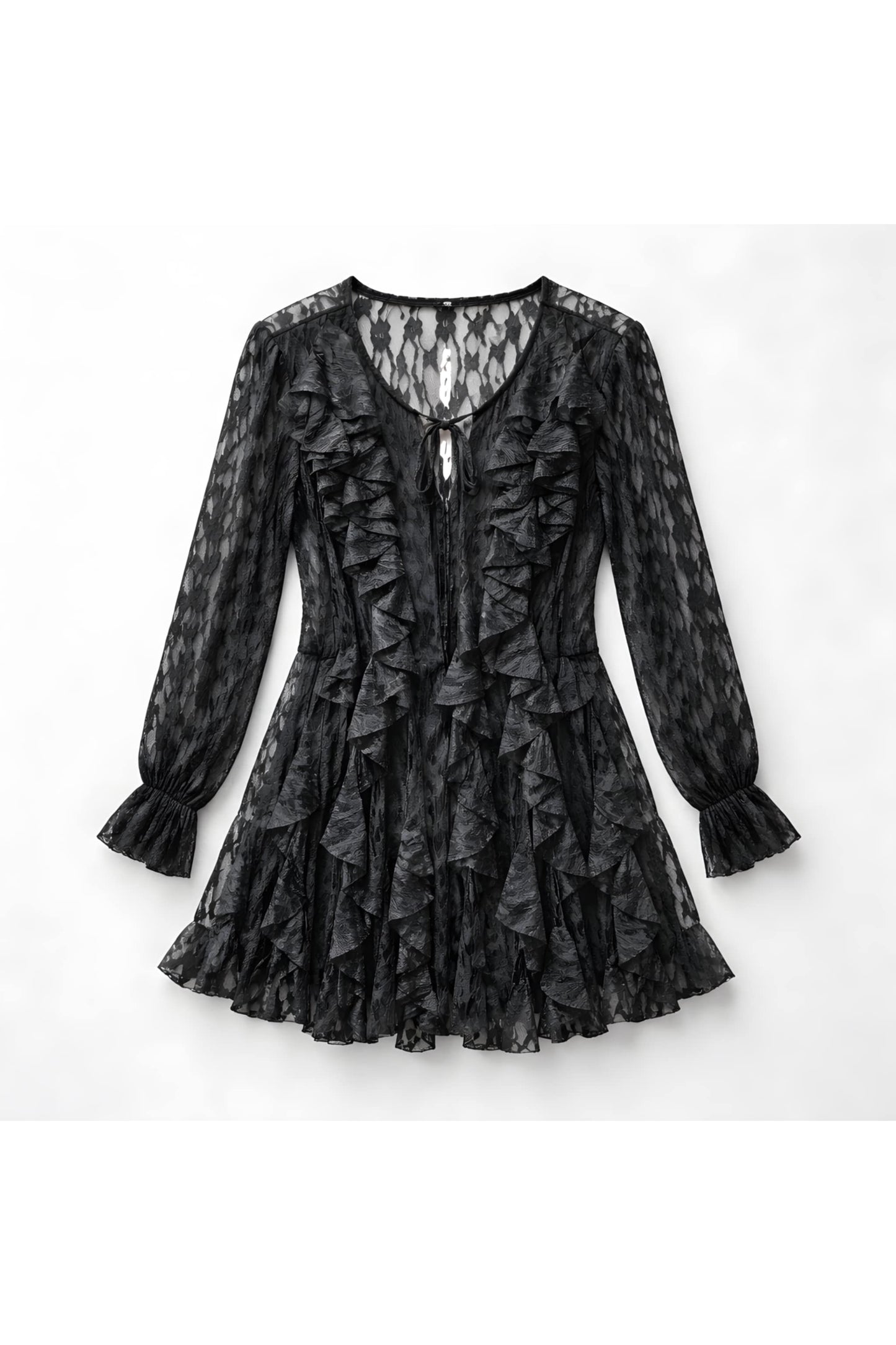 Ruffle lace tunic dress zwart