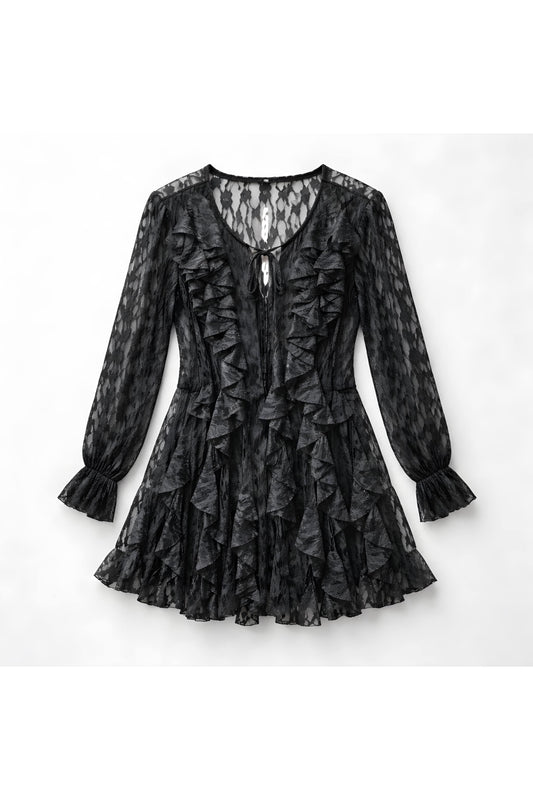 Ruffle lace tunic dress zwart