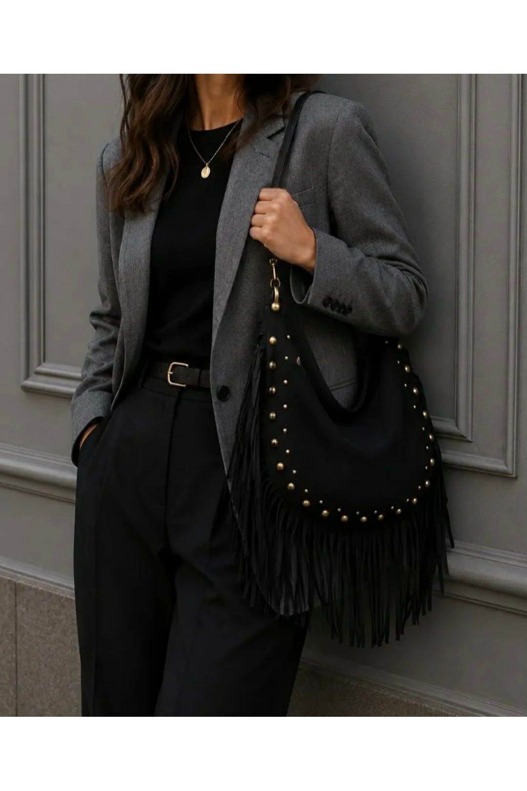 Boho Fringe Bag met Studs Zwart