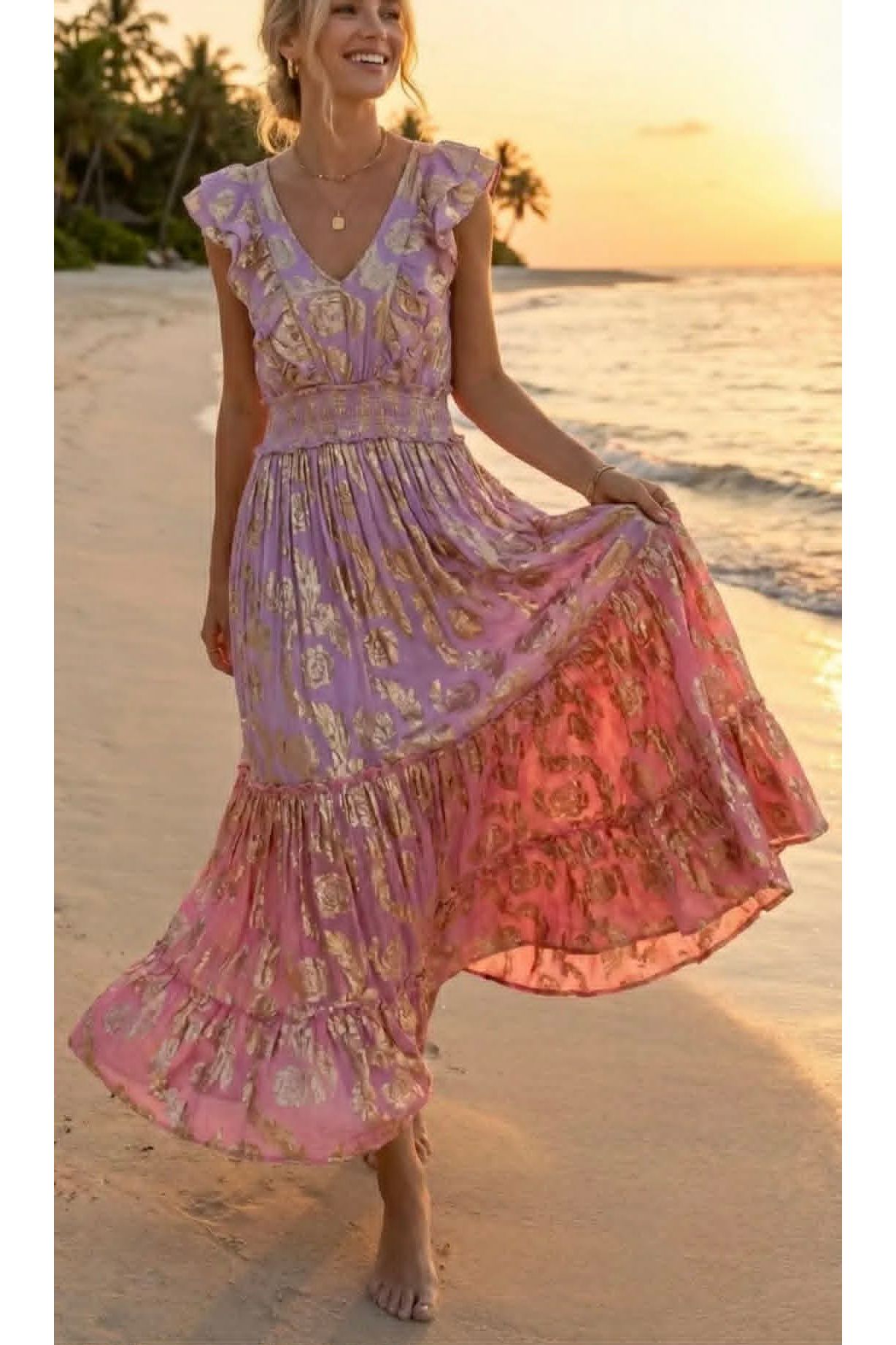 Lurex maxi jurk met smokwerk lila