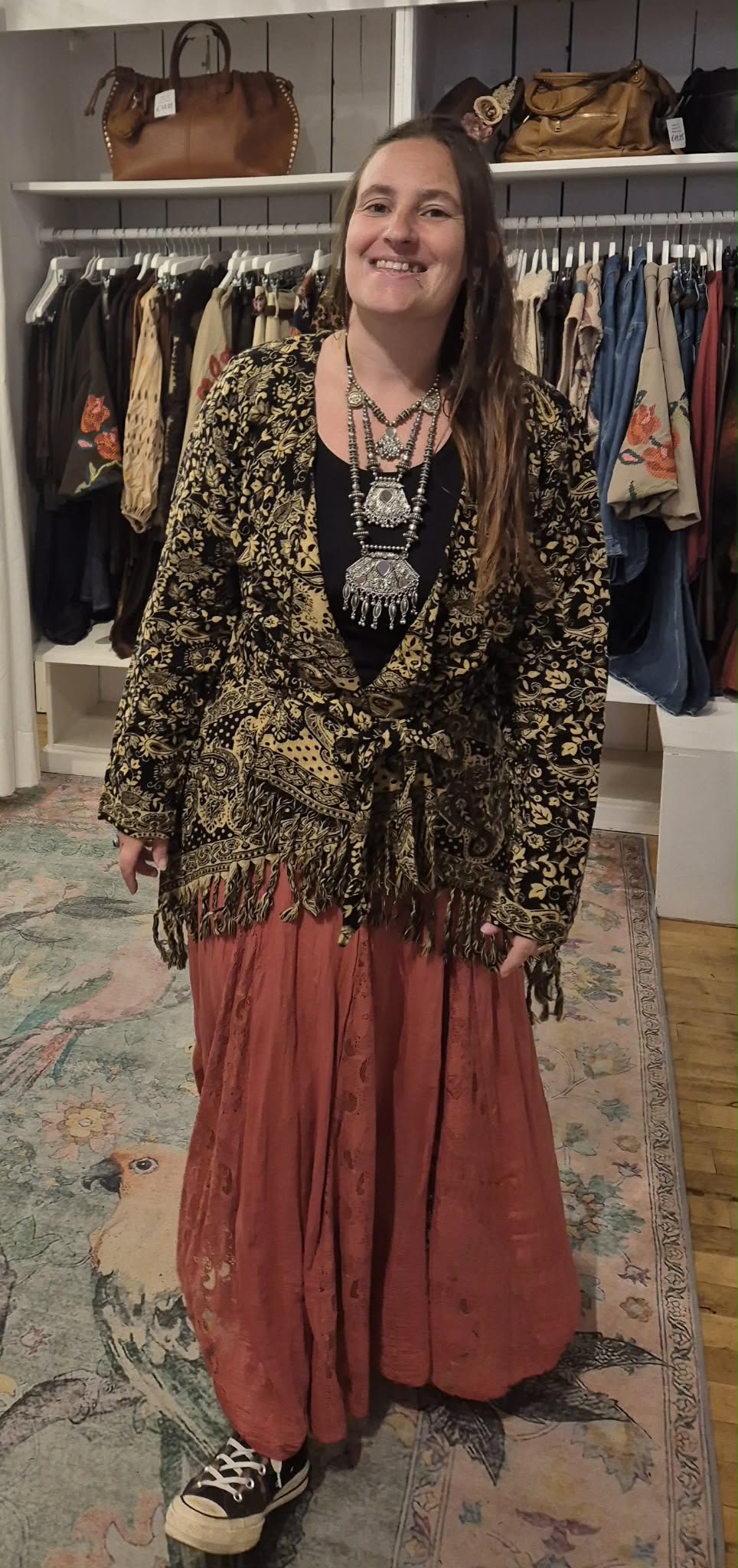 Jacquard Boho Gilet met Franjes Zwart