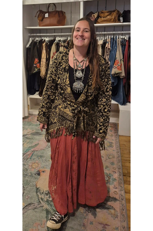 Jacquard Boho Gilet met Franjes Zwart