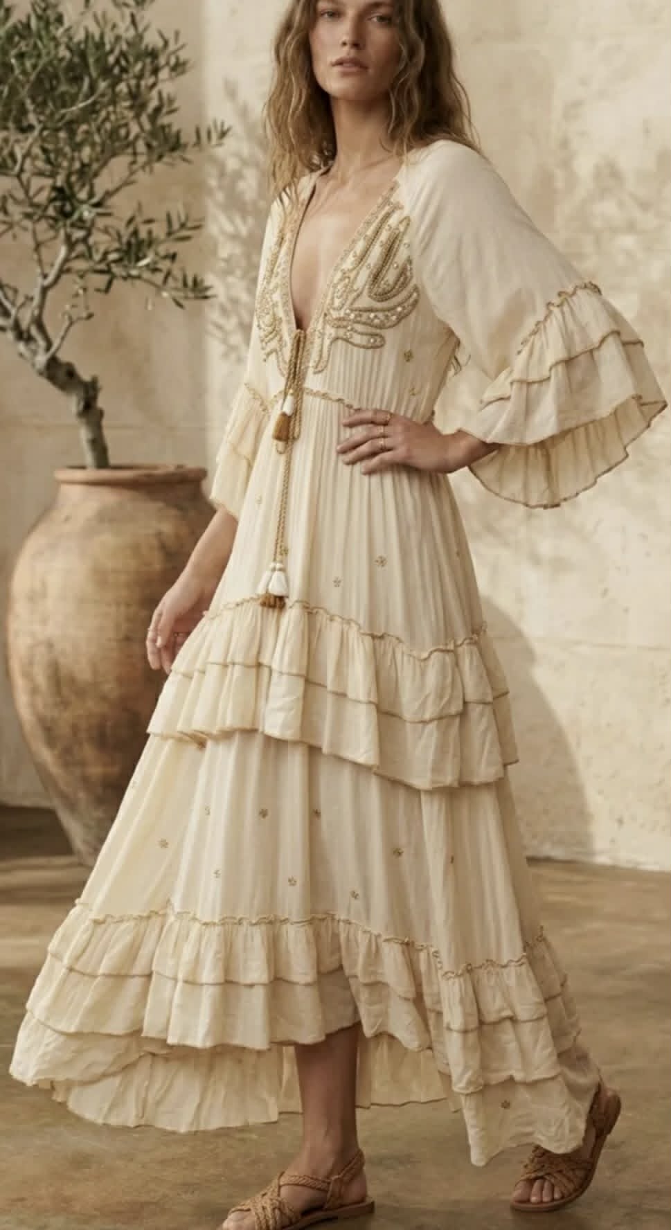 Bohemian Maxi Jurk Ibiza Crème met Borduursels & Ruffles