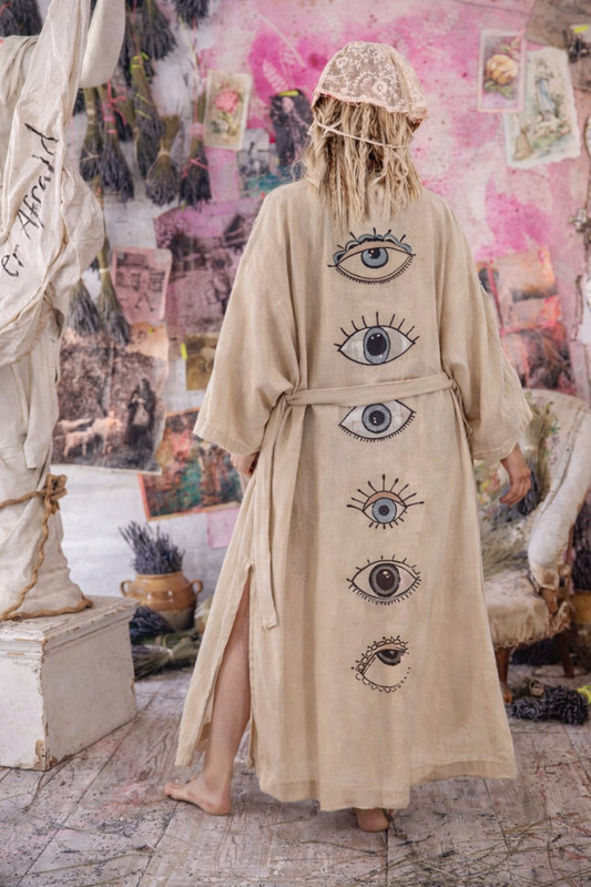 Bohemian kimono met eye print camel