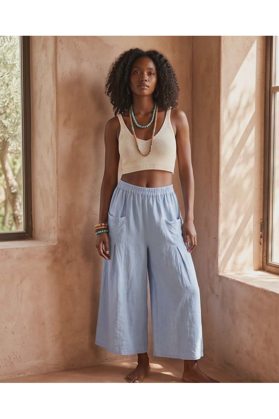 Linnen broek met grote zakken Licht Blauw