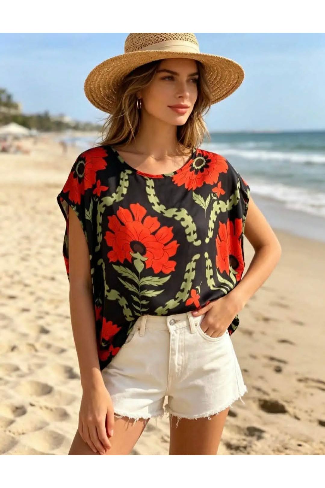 Boho Top Turquoise Zwart