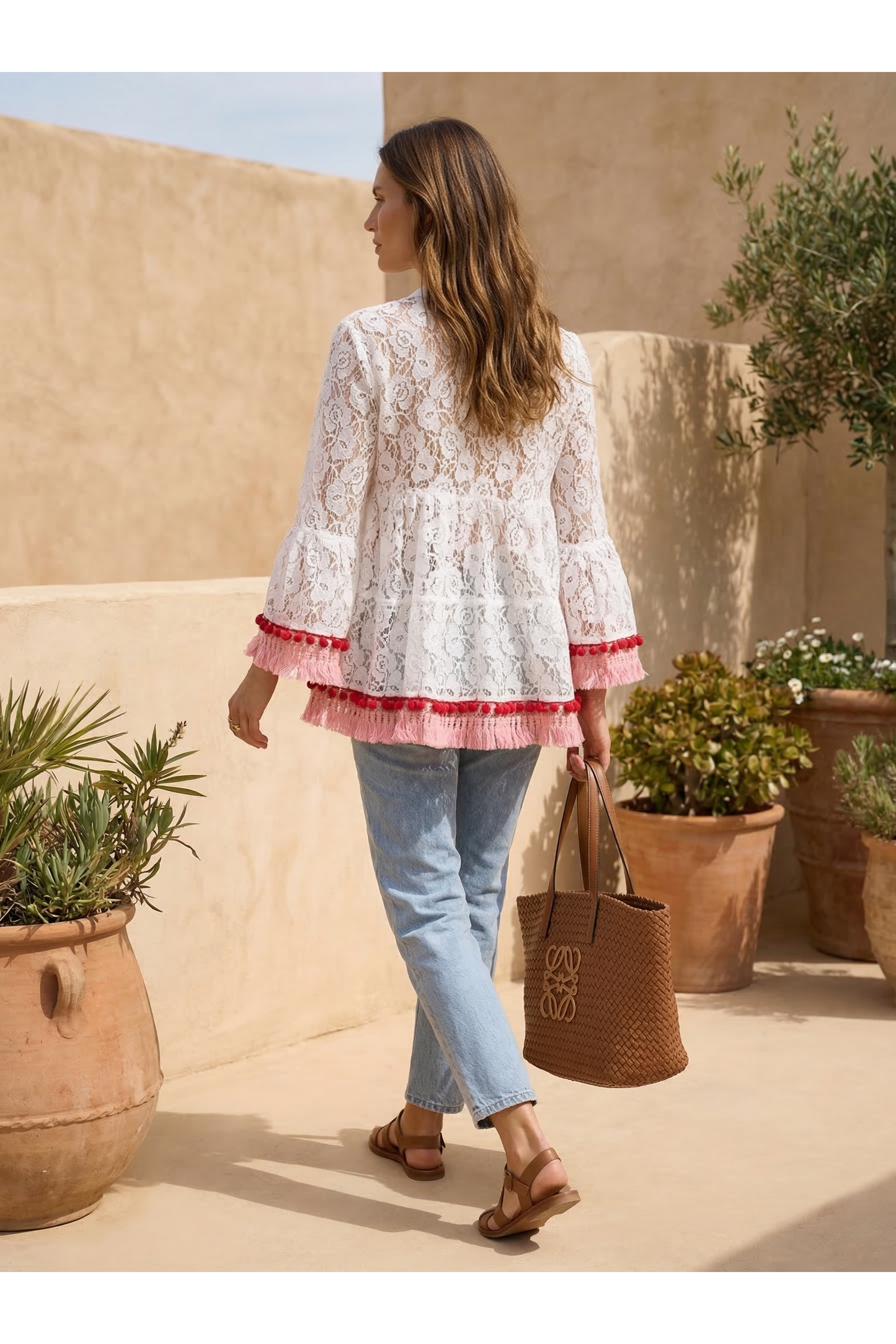 Tuniek met franjes en handgeborduurde details off white