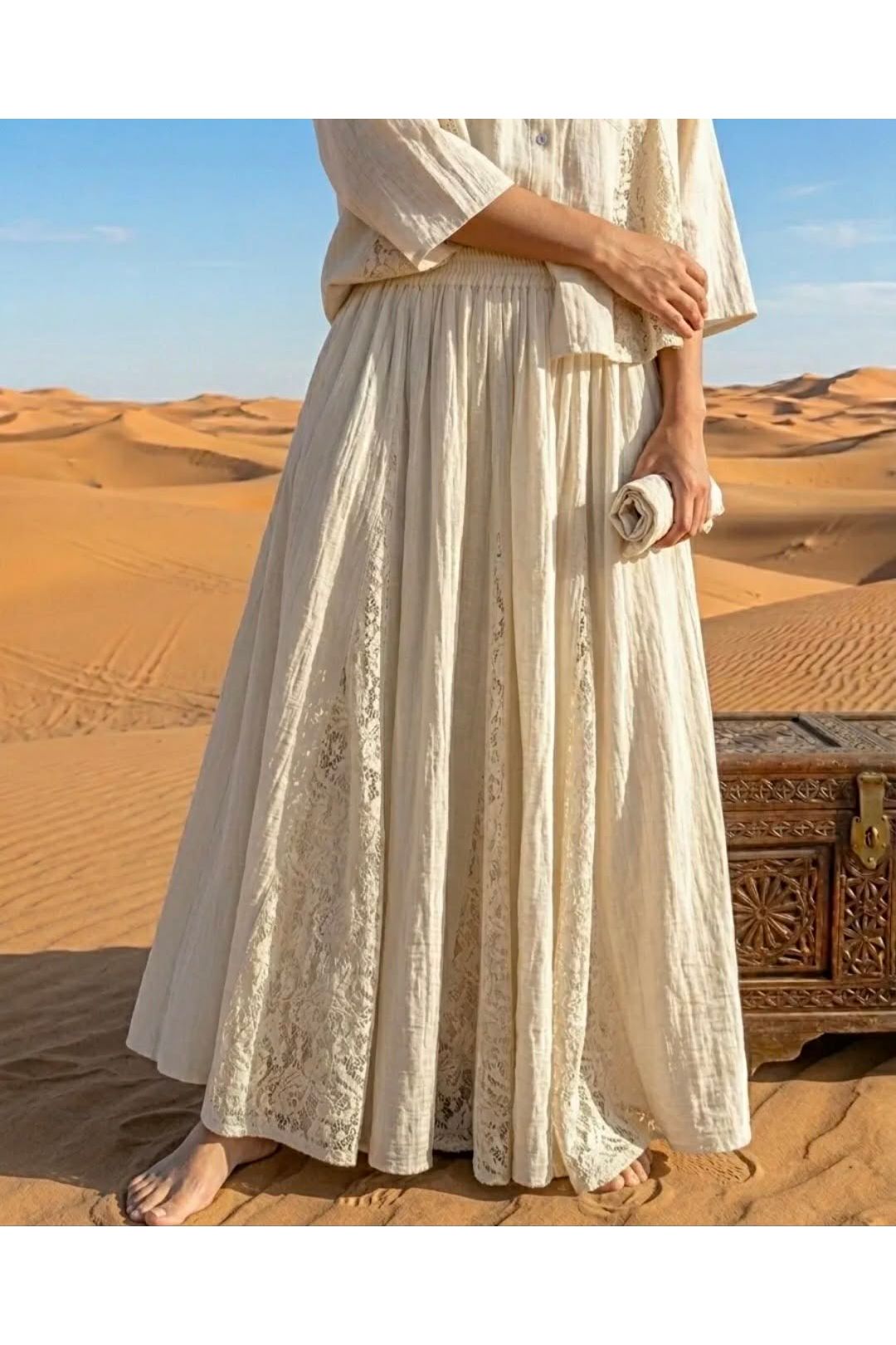 Boheemse gevoerde maxi-rok met kanten inzetstukken ecru