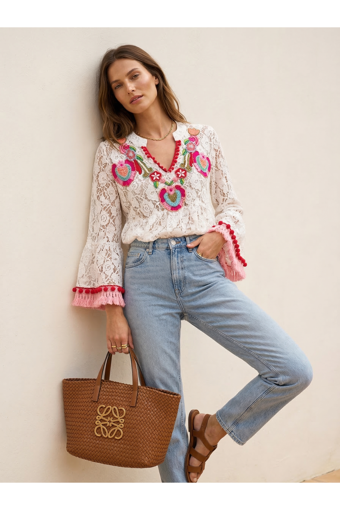 Tuniek met franjes en handgeborduurde details off white
