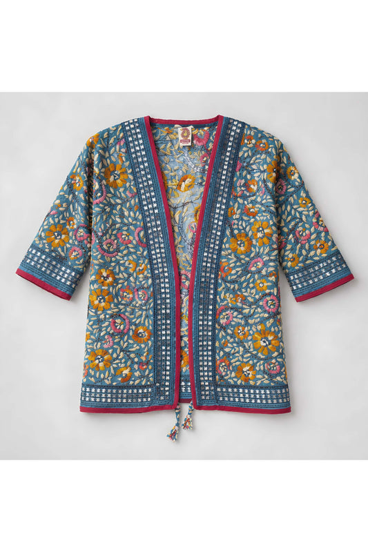 Korte kimono met spiegeltjes blauw/groen