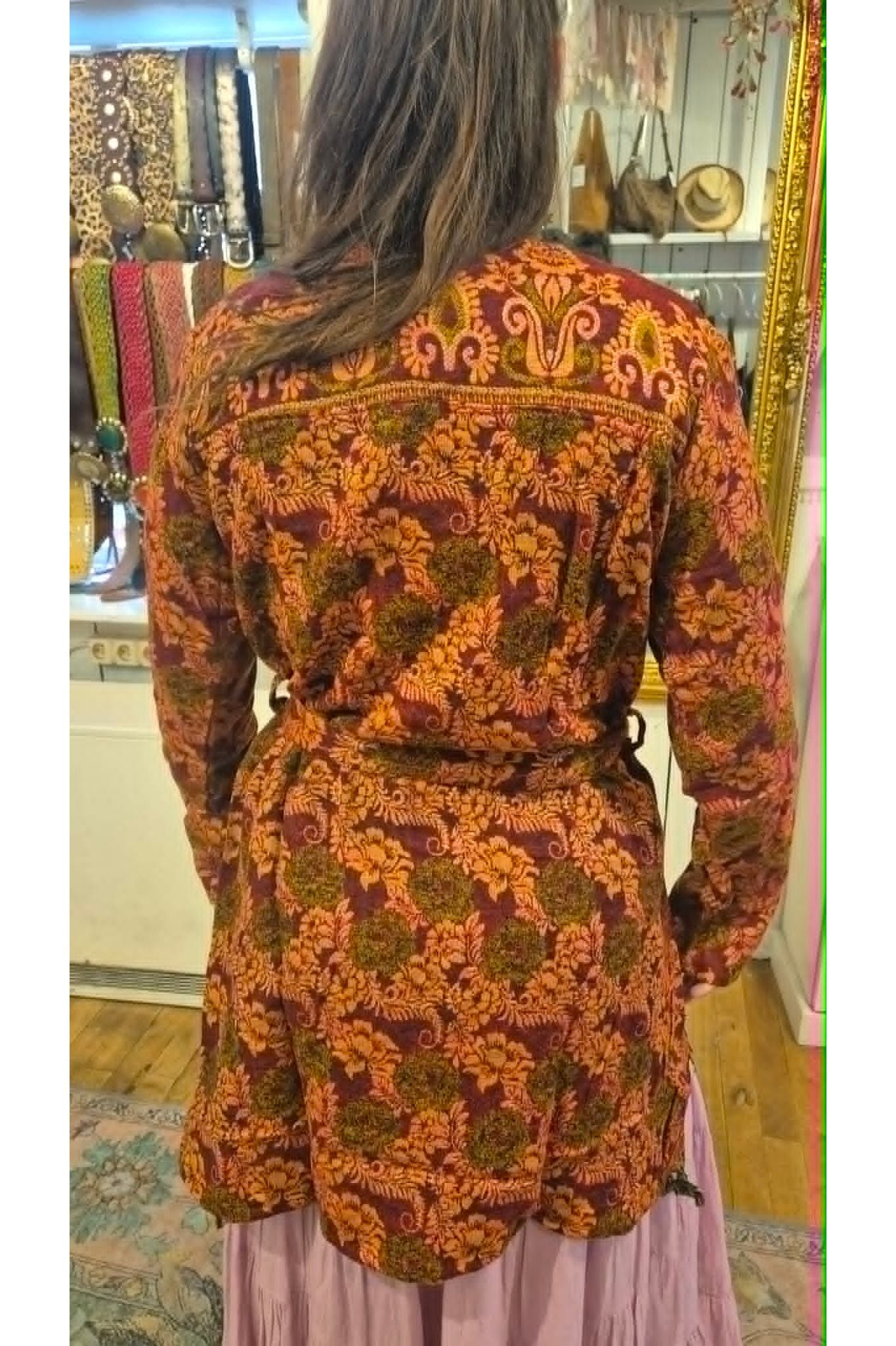Jacquard Boho Gilet met Franjes Bordeaux