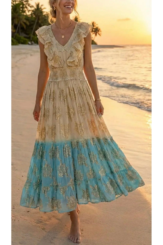 Lurex maxi jurk met smokwerk créme