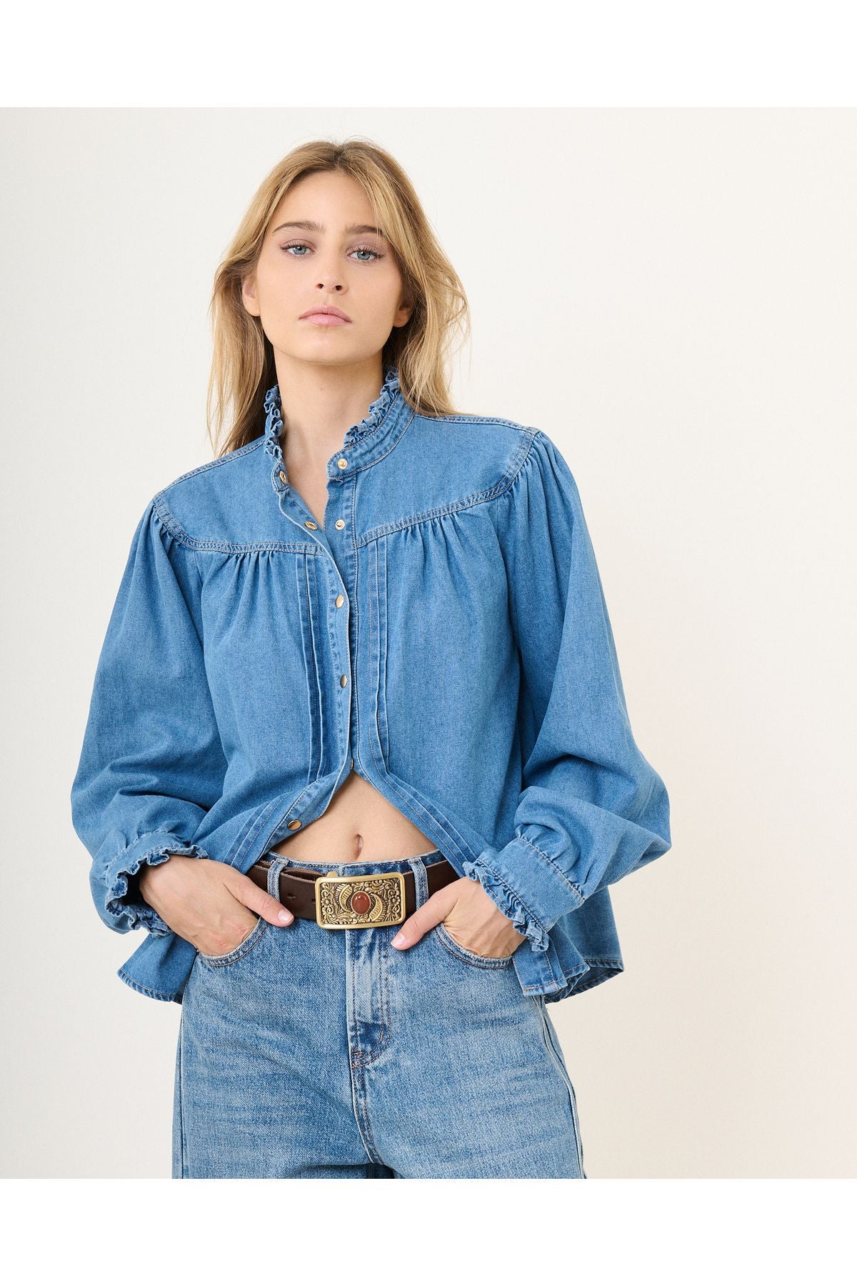 Blouse met Ruffled Kraag-Denim