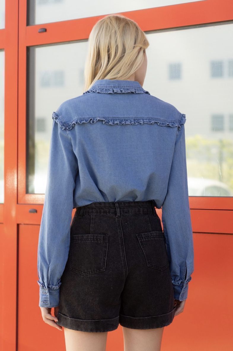 Jeansblouse met ruches en lange mouwen