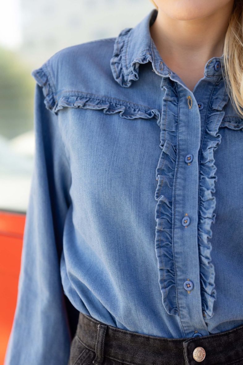 Jeansblouse met ruches en lange mouwen