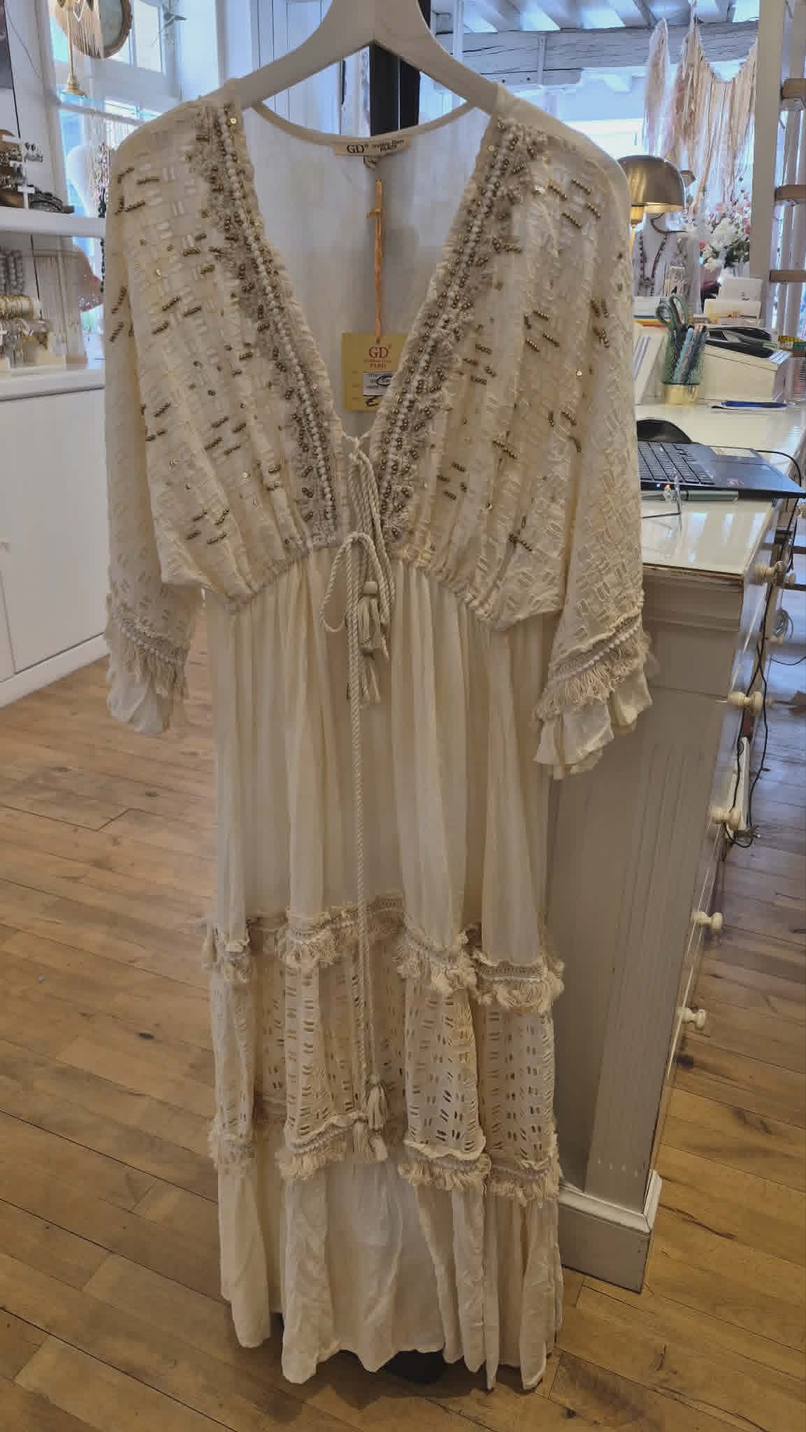 Boho Maxi Jurk Parels & Broderie – Crème