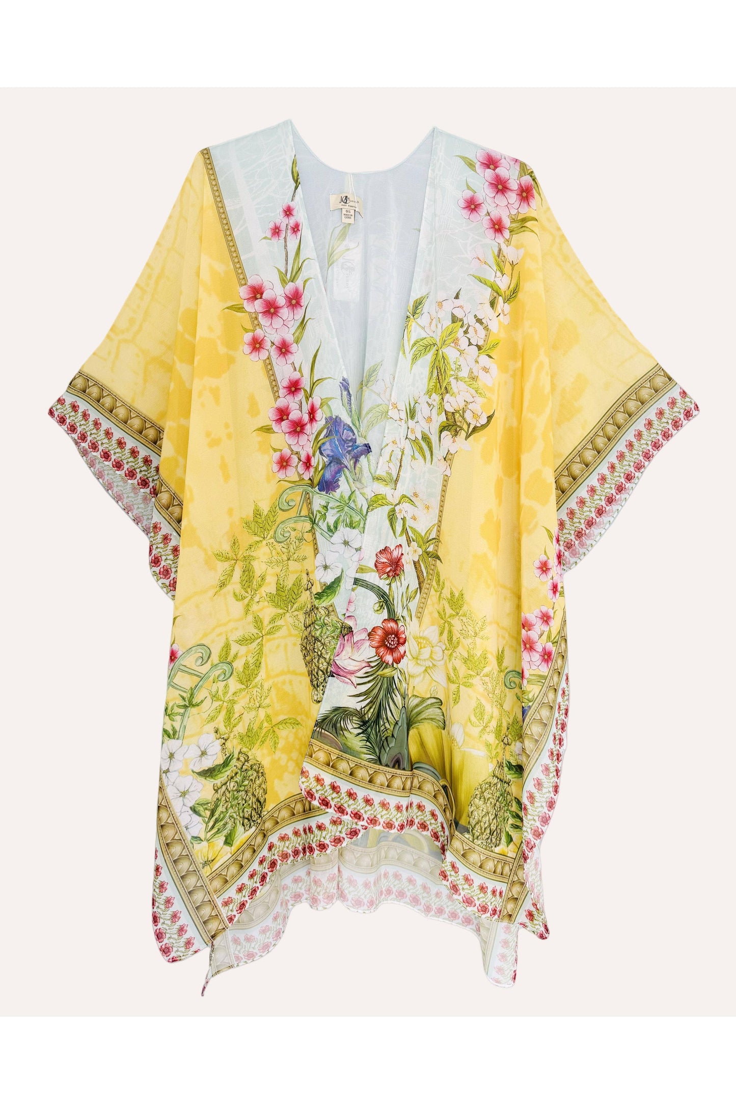 Kimono/cover up met geel-veelkleurige bloemenrand