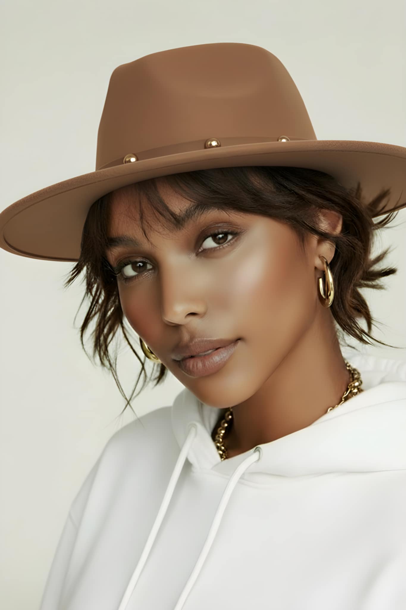 Hoed camel met gouden noppen