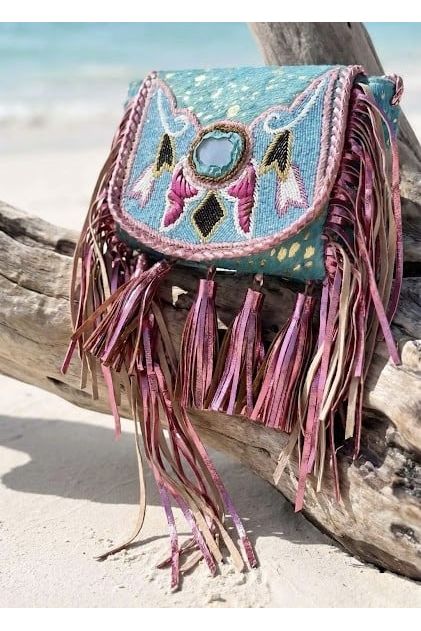 Boho lederen handtas turquoise met agaatsteen