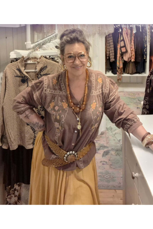 Boho Cross-Stitch Blouse Bruin