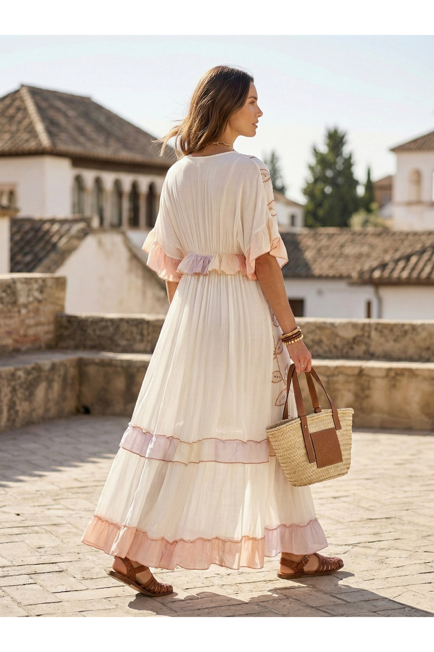 Lange kimono met geborduurde bladeren Roze