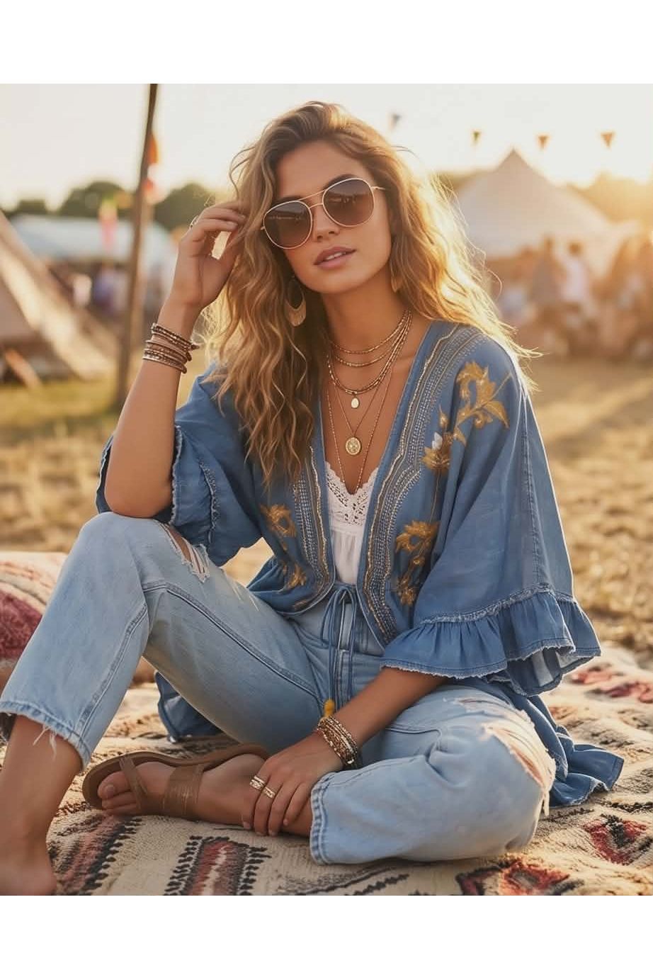 Denim kimono geborduurd met parels