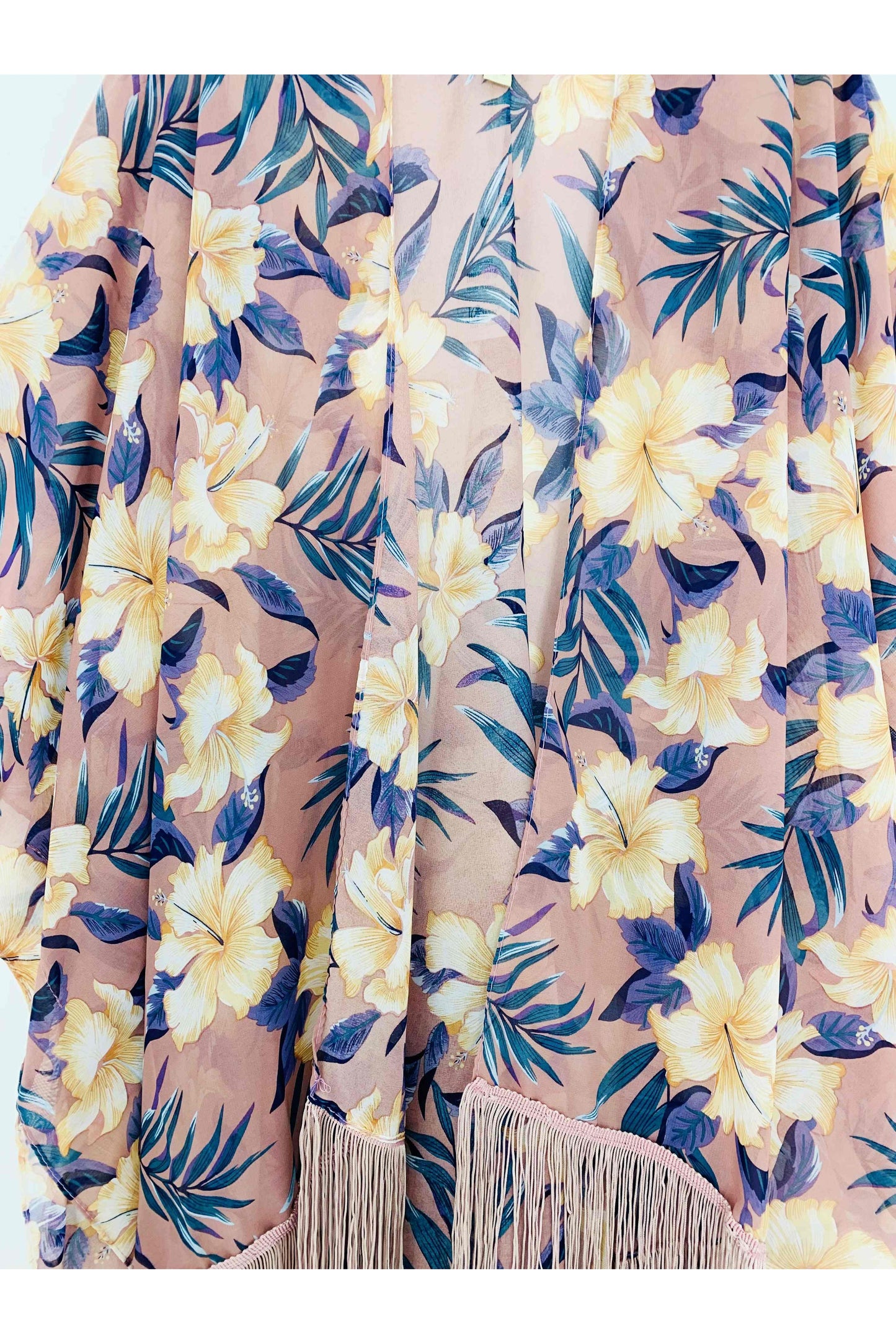 Lange Franje Chiffon Kimono-Karamel Tropisch