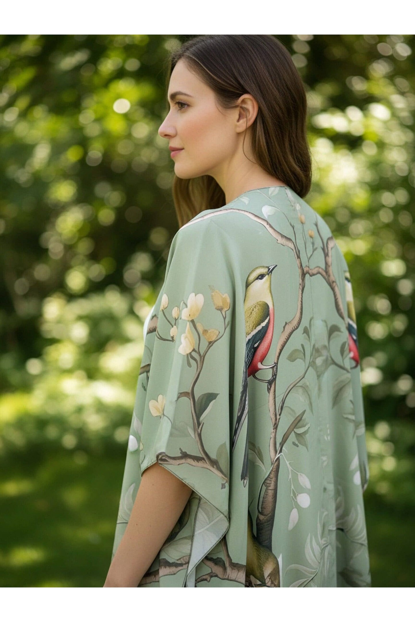 Groen-Multi Lente Tuin Bloemen & Vogels Kimono/Omslagdoek