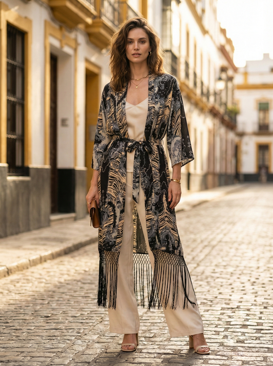 Kimono met print en met de hand gemaakte franjes Zwart