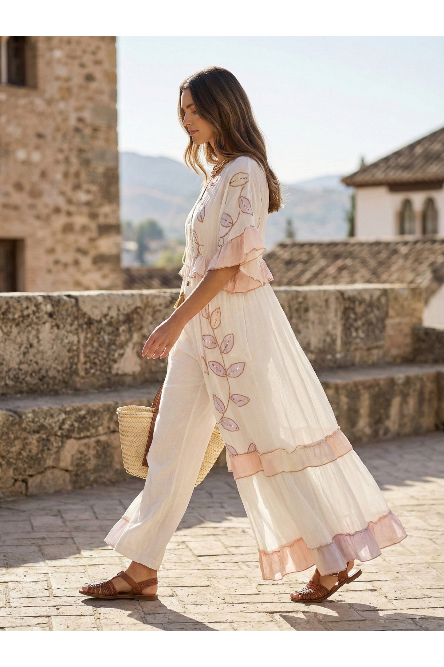 Lange kimono met geborduurde bladeren Roze